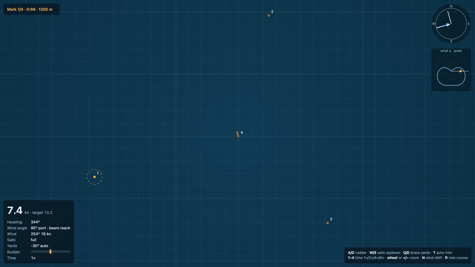 The chart zoomed out to show the course: the ship small at the centre and the numbered marks spread around it