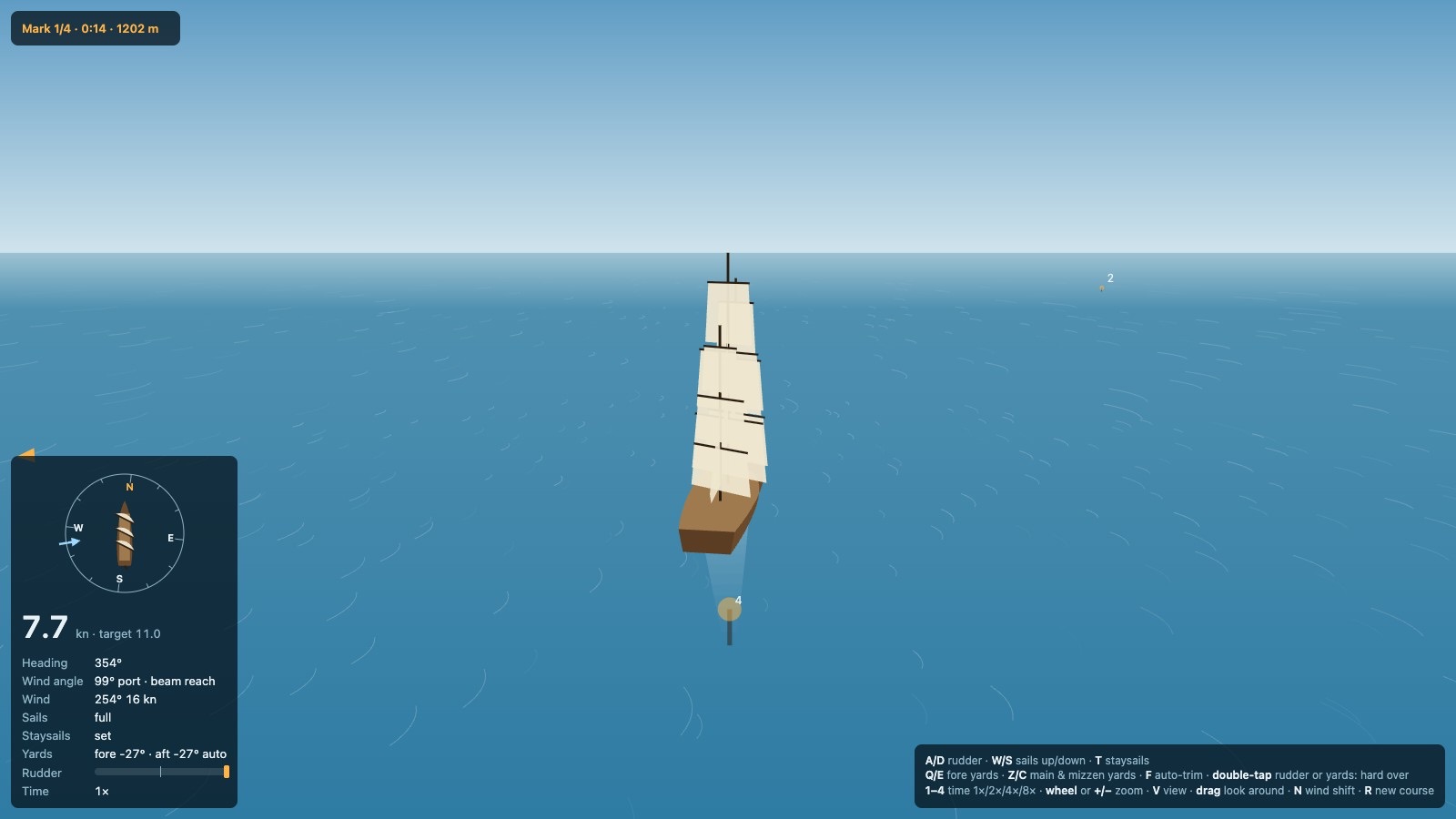 The chase view from above and behind a ship under full sail in a turn, the compass rose and speed panel at the lower left