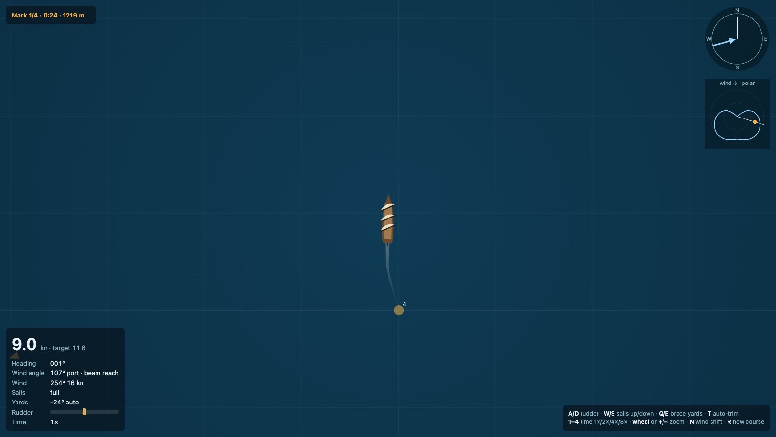 The first build: a small ship seen from directly above on a dark blue grid, a wake curving behind it, the speed panel in the corner
