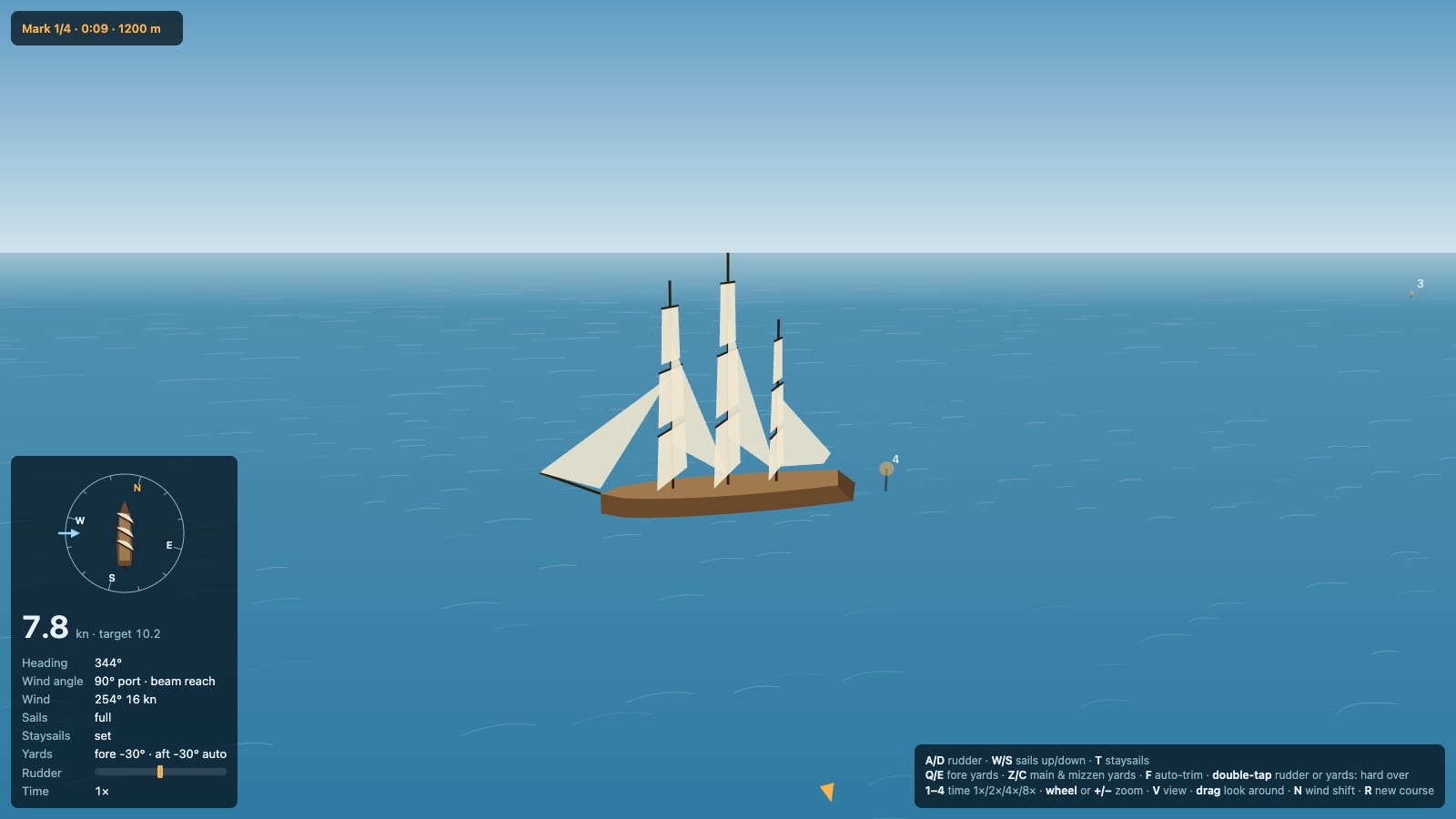 The day's ship seen from the beam: a plain brown hull, square sails on three masts and triangular staysails