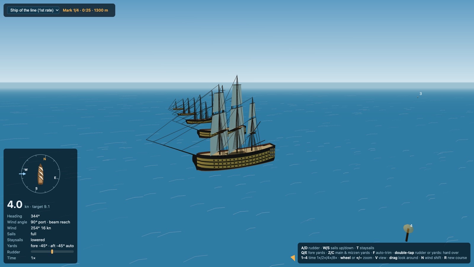 The first-rate ship of the line under sail with three ochre gun rows, the rest of the fleet strung out behind it
