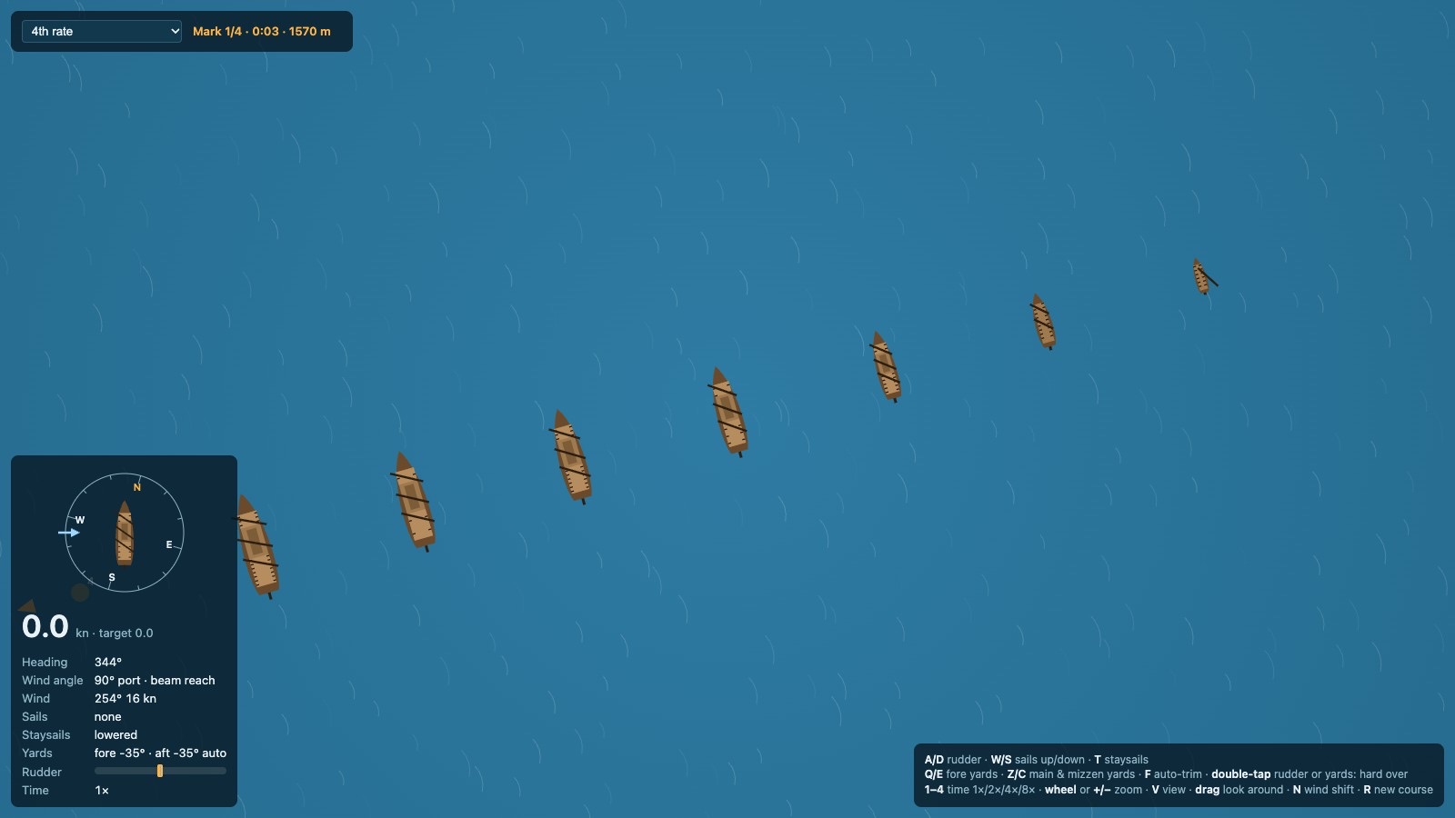 Seven hulls seen from above, stopped with sails furled, in a diagonal line across the sea