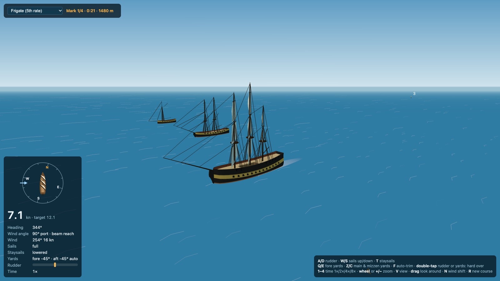 The frigate under sail from the chase view: a black hull with an ochre band along the gun ports, rigged masts, the brig and cutter beyond it