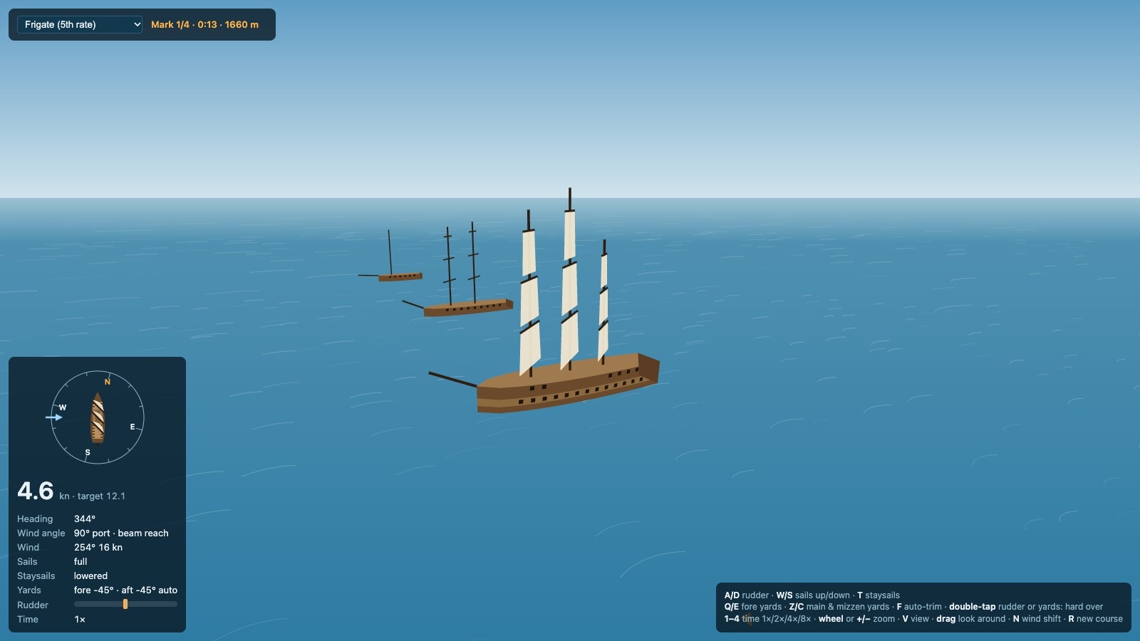 A frigate from the chase view, a plain brown hull with a row of gun ports and three masts of flat square sails, two smaller ships behind it