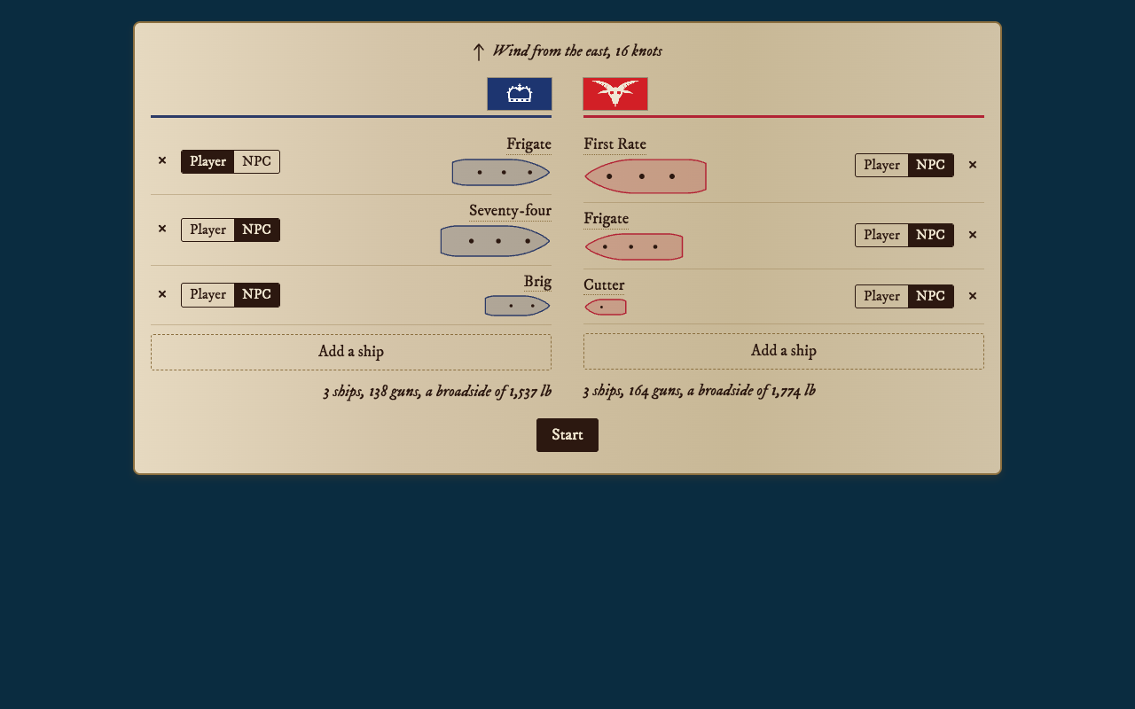 The Battle Builder sheet on parchment: the Crown's line on the left under a blue ensign and the Cabal's on the right under a red one. Each ship is drawn in plan with a Player or NPC switch. Above the lines is the line &ldquo;Wind from the east, 16 knots&rdquo;, and below each line is a tally of ships, guns and broadside weight.