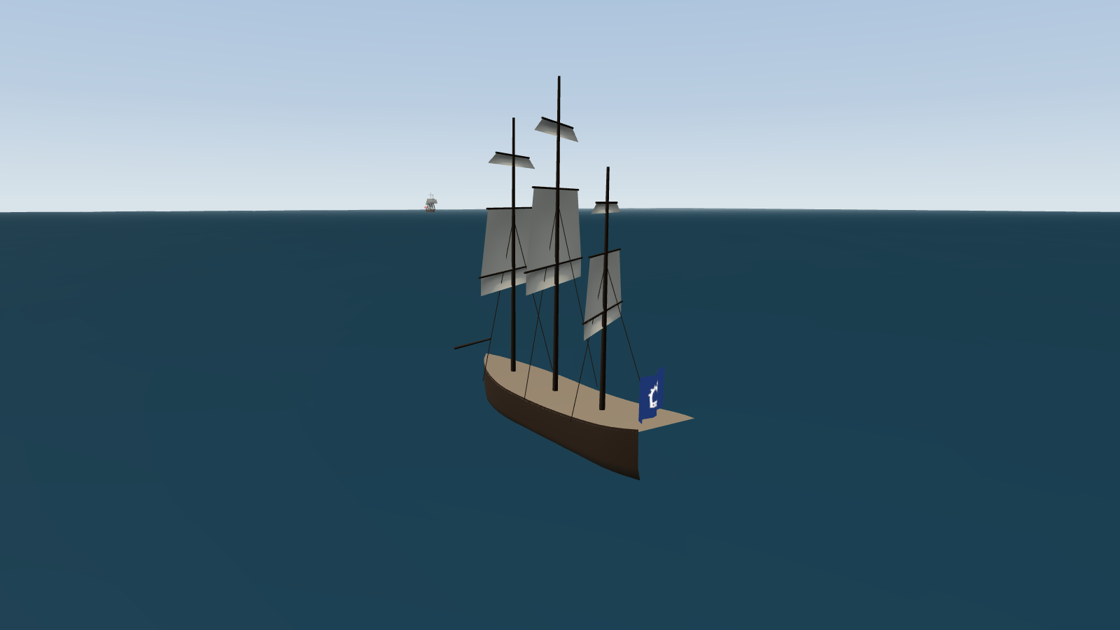 A three-masted frigate flying a blue ensign with a white crown, sailing away from the viewer on a beam reach, her upper sails set and her lower sails still coming in. A large ship sits on the horizon.