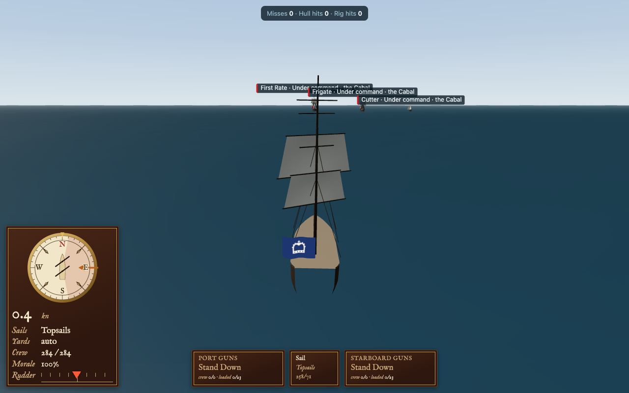 The game view from behind a Crown frigate. Bottom left, a mahogany panel with a brass-rimmed compass card, the speed, and rows for sails, yards, crew, morale and the rudder. Along the bottom, mahogany gun stations for port and starboard with a sail station between them. Enemy ships are labelled on the horizon.