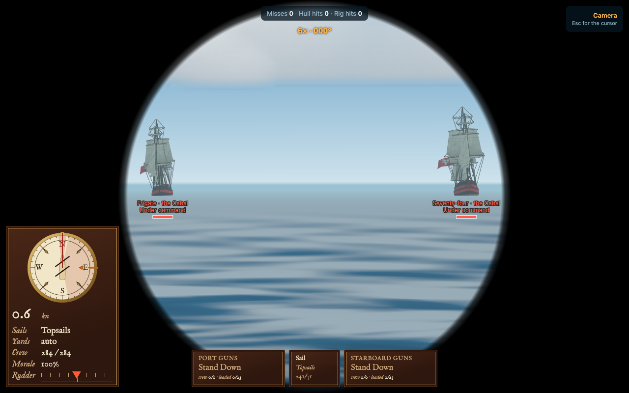 A round telescope view with black around it. Two Cabal ships sit on the horizon, each labelled underneath in red with its class, side and status, and a morale bar. The reading at the top says 6 times, bearing 000.