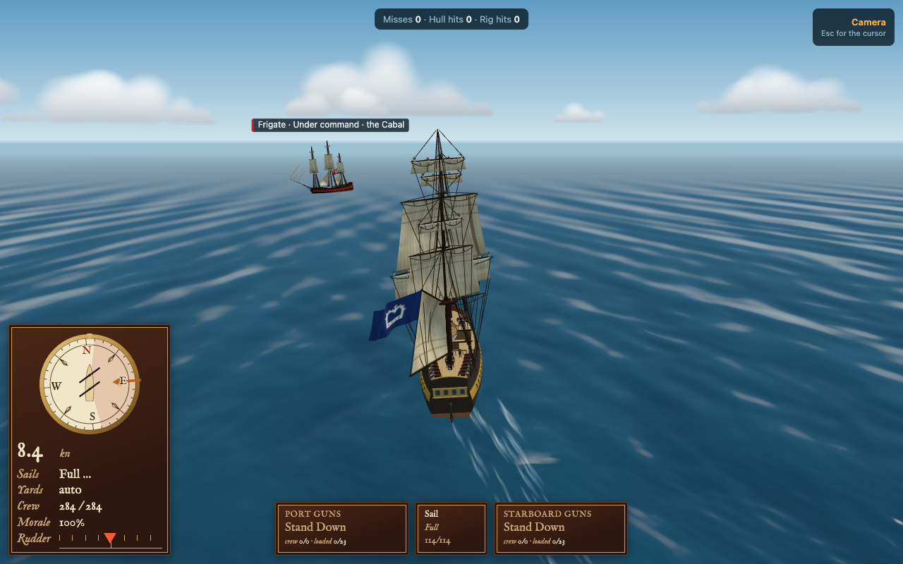 A Crown frigate under full sail, seen from behind and above, leaving a trail of lacy white foam on a blue sea with long swells. The compass panel and gun stations sit along the bottom of the screen.