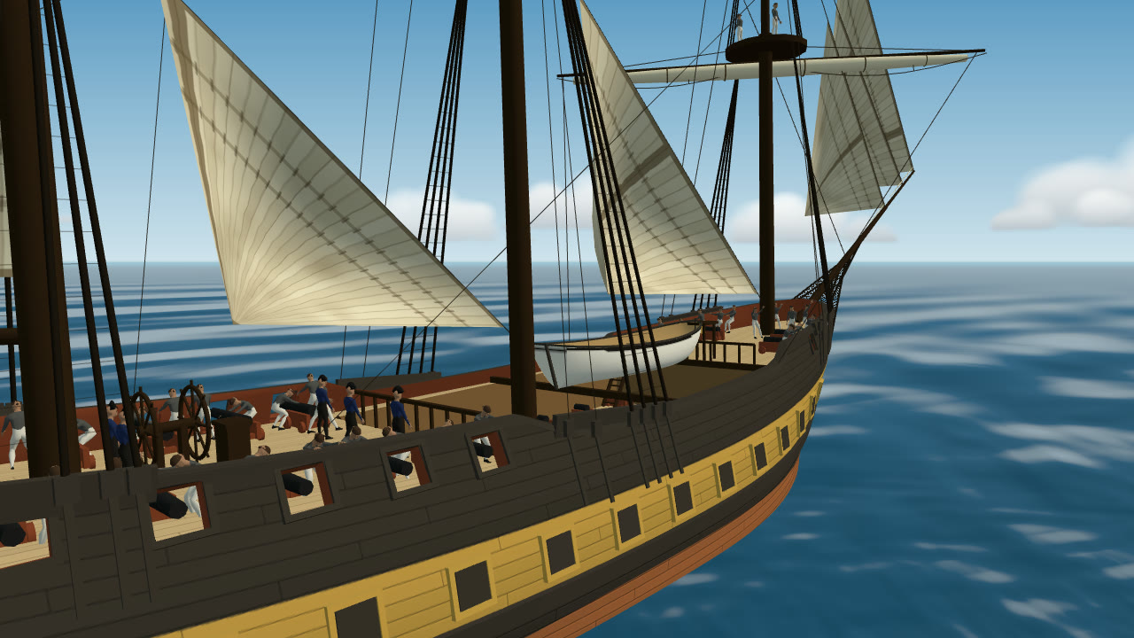 Off the frigate's starboard quarter, low over the water: the staysails are up and filling, the topsails are dropping from their yards with men out along them, and the gun crews and officers crowd the deck.