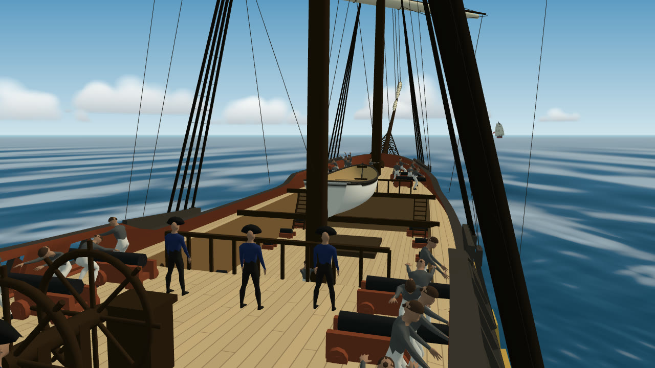 From a frigate's quarterdeck, looking forward over the waist: officers at the break, the helmsmen at the wheel, gun crews at work along both sides, and two enemy ships on the horizon ahead.