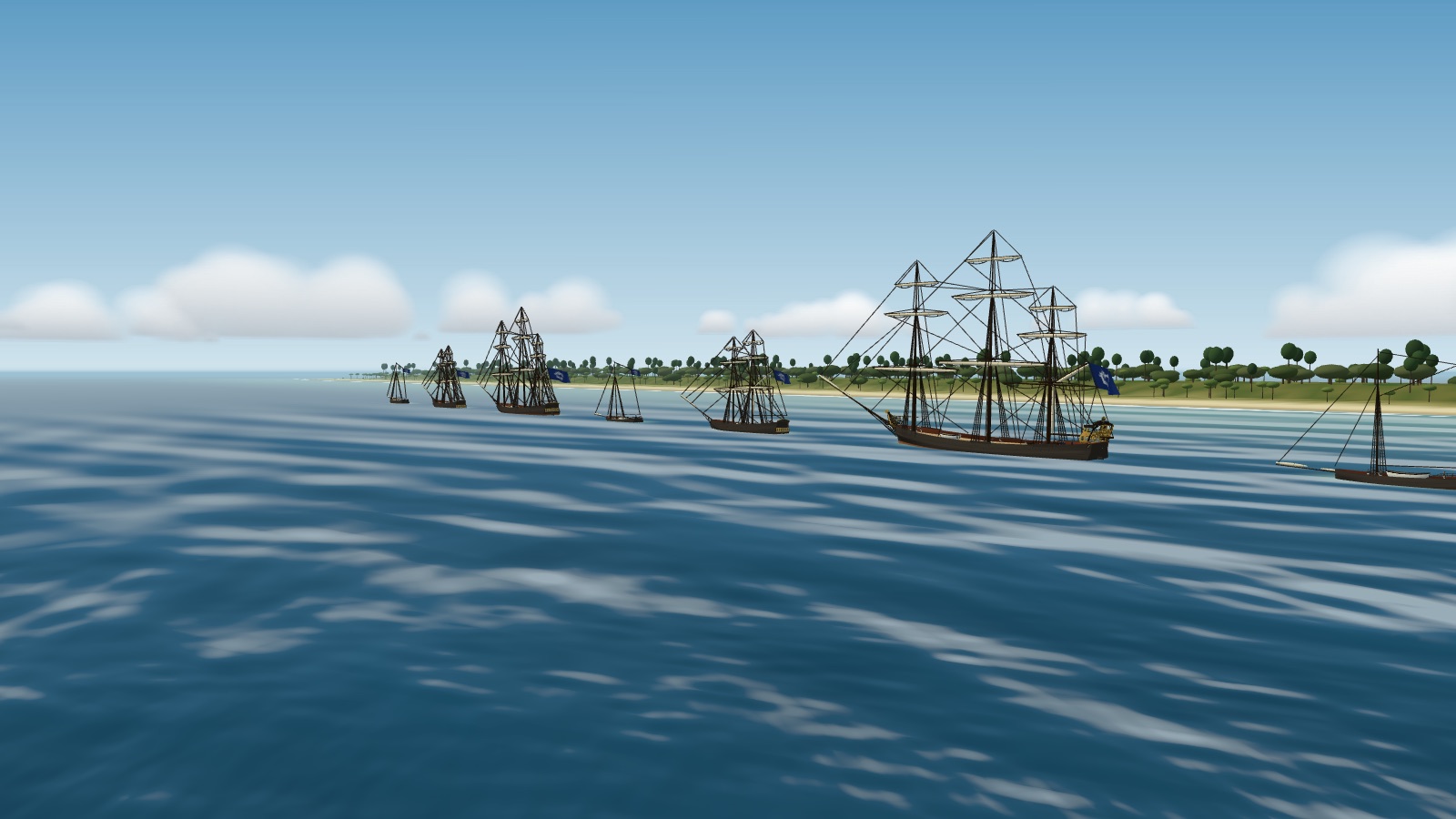 A line of sailing ships of mixed sizes lying at anchor with their sails furled, flying blue ensigns, a low wooded island and beach behind them.