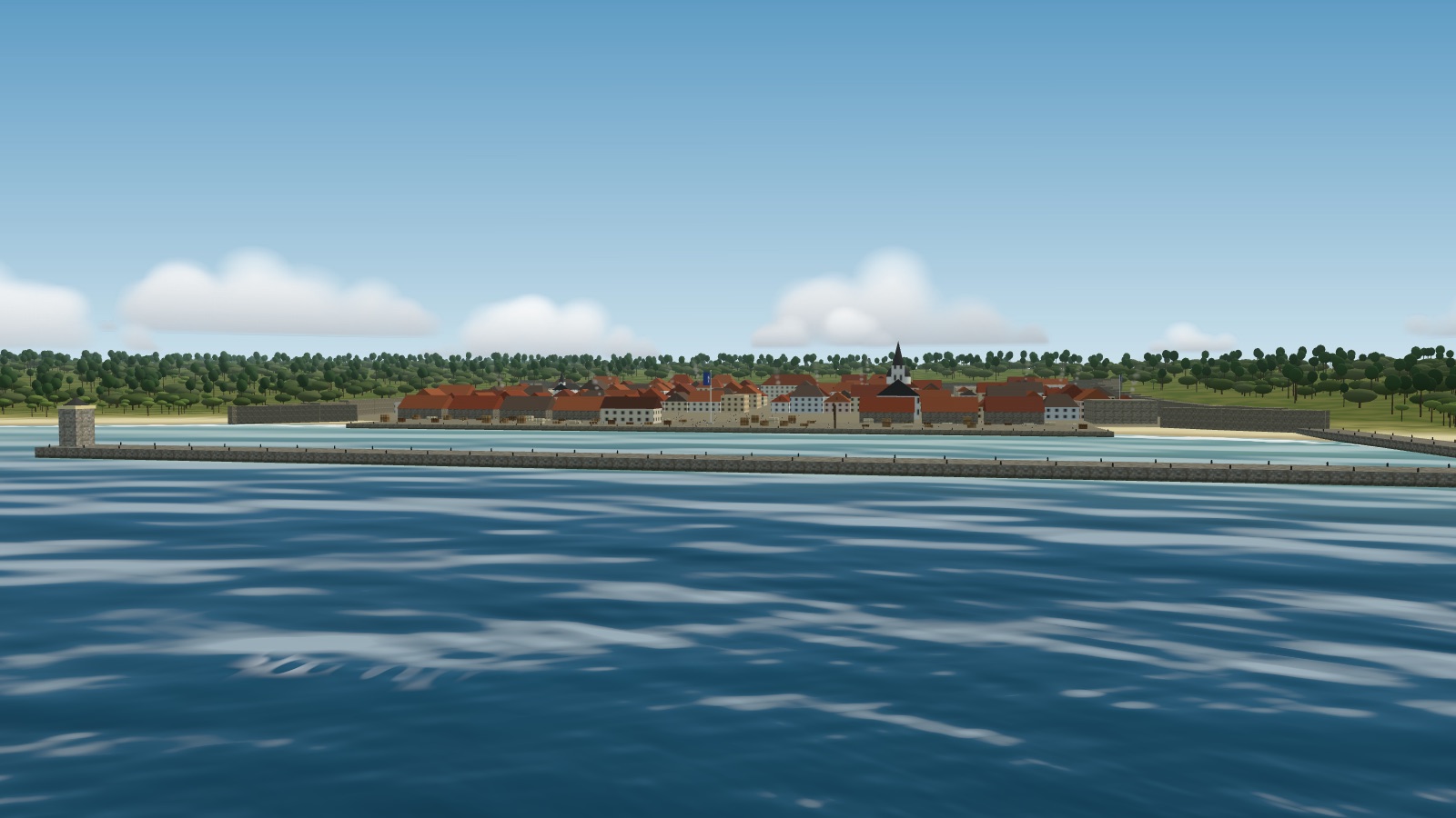 The walled town of Corona seen from the sea: a long stone mole with a light on its head in front, the quay behind it stacked with goods under a tall flagstaff, red-roofed houses and a cathedral spire inside the wall, and the wooded island rising behind.