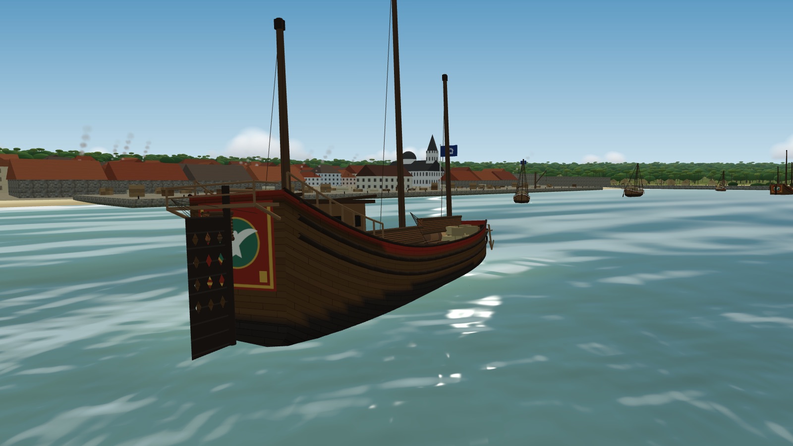 A broad wooden junk moored in a harbour, seen from behind and to one side: a high stern with a red painted panel showing a white bird on a green roundel, a railed gallery overhanging it, a tall dark rudder pierced with diamond-shaped holes, three bare masts, and a walled town with red roofs behind.