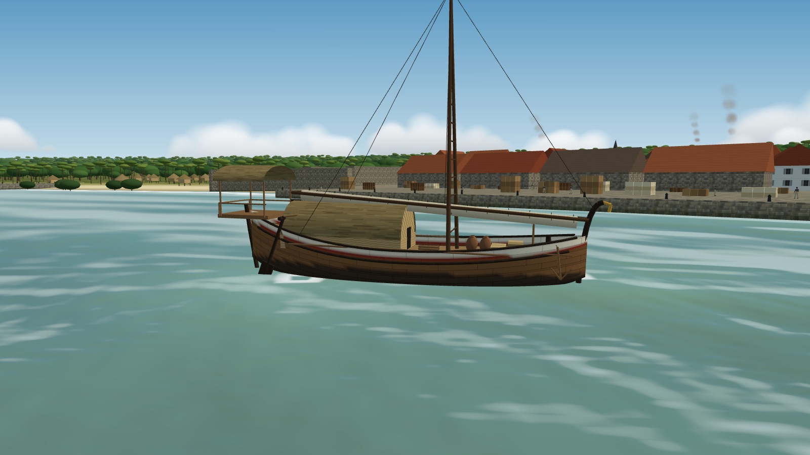 A slender wooden prahu moored by a stone quay: a white and red stripe along its sheer, a curled stem at the bow, a long rolled sail lying fore and aft on the deck, a two-legged mast with rope stays, a rounded thatched deckhouse, clay water jars, and a railed platform under a thatched awning over the stern.