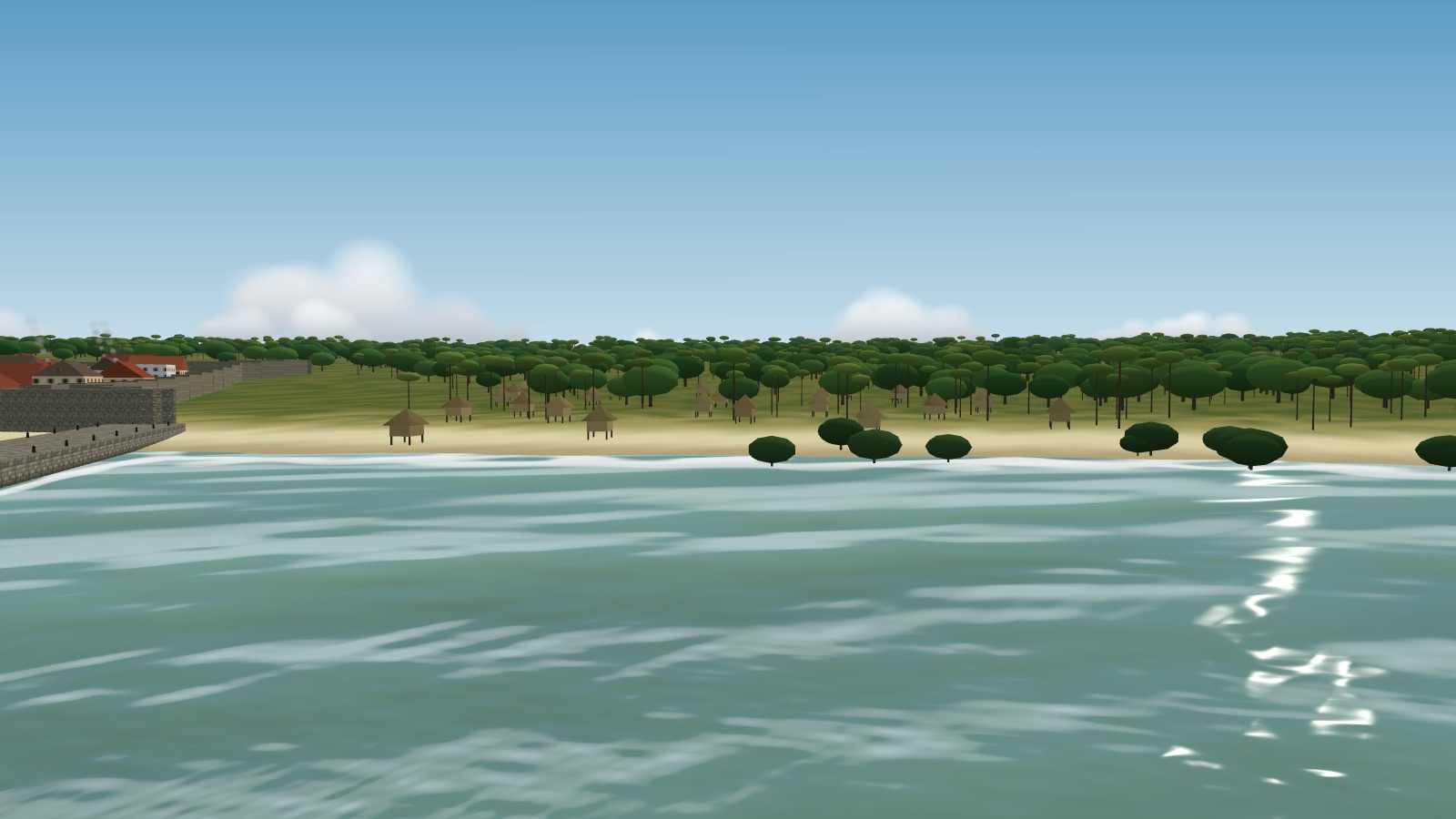 A sandy shore beyond a stone town wall: small thatched houses standing on stilts along the beach, dark round mangroves at the water's edge, and tall slender palms and broad green trees on the rising ground behind.