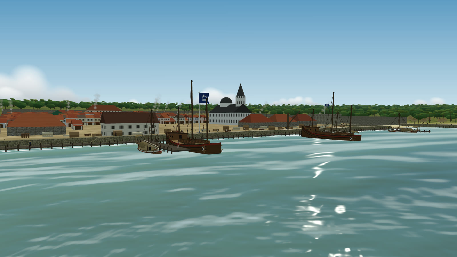 Corona's inner harbour from the water: a sea wall of dark stone blocks, a timber pier along it with finger piers running out, junks and prahus tied up alongside, people about the pier, and the walled town with its red roofs behind.