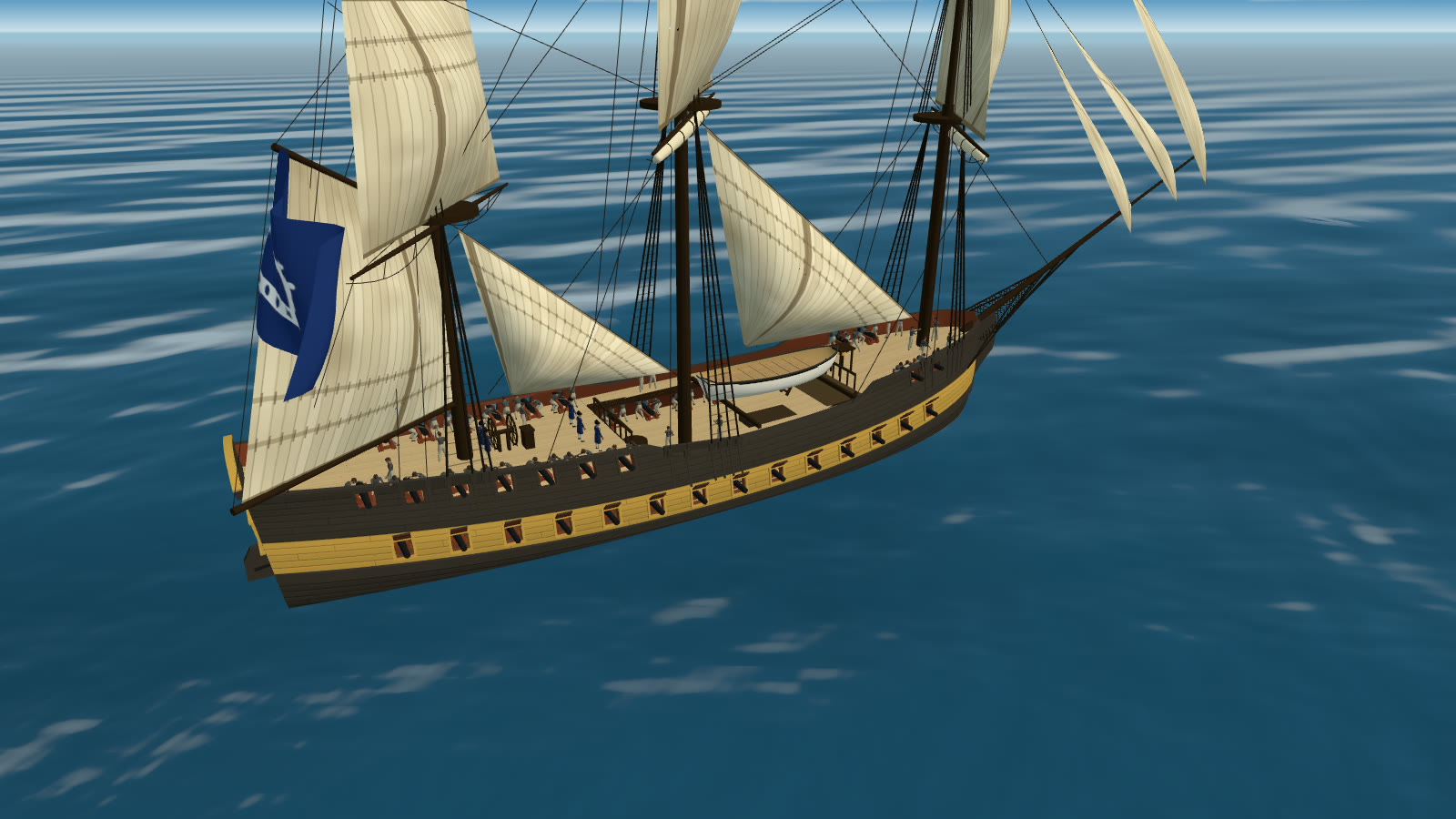 A frigate seen from high off her starboard quarter with her courses off, guns run out: the open waist amidships with a boat on skids over it, the gangways along each side, and the row of gunports cut through along her side.
