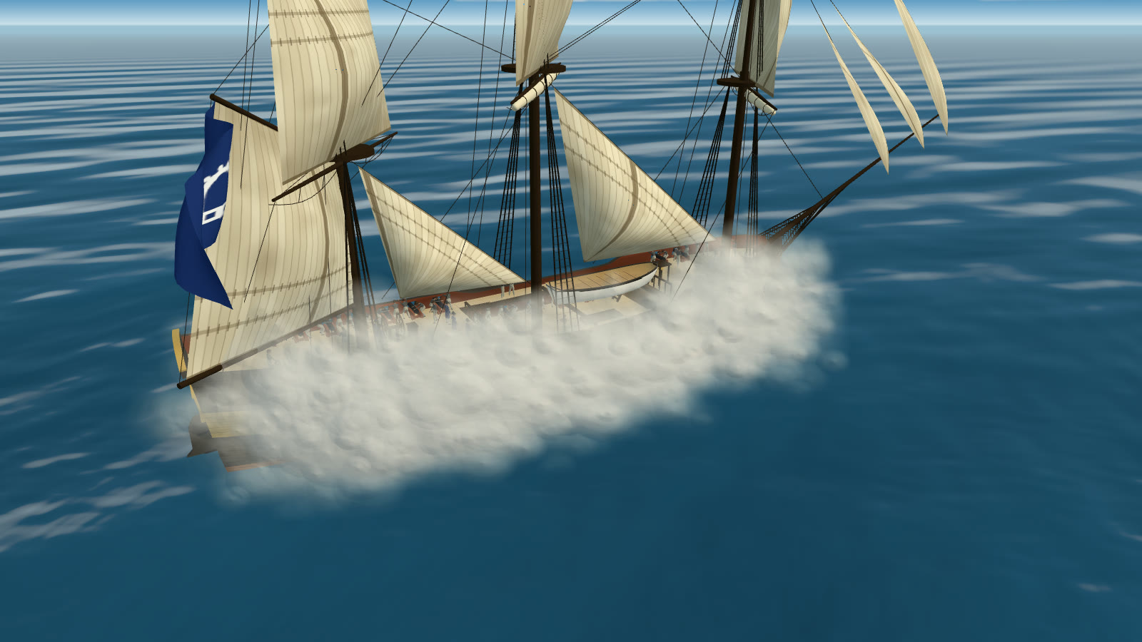 The same frigate a moment after firing her starboard broadside: a white bank of powder smoke in lit and shaded lumps rolling out from her side over the water and hiding her hull.