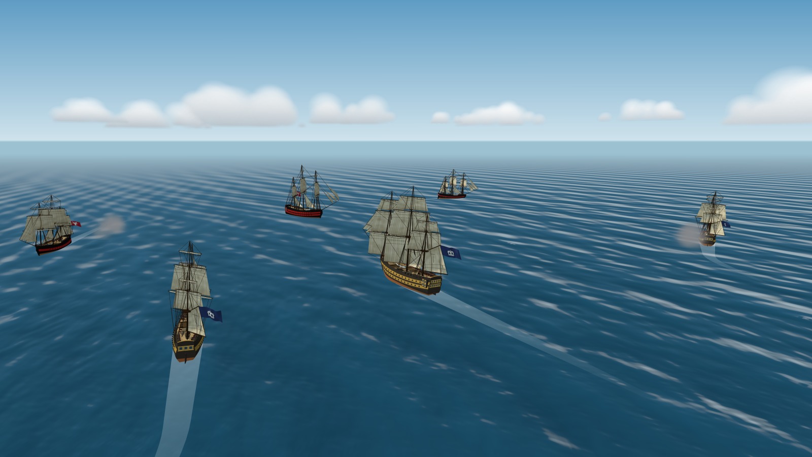 A built battle, four ships a side, the two lines closing and the first guns firing
