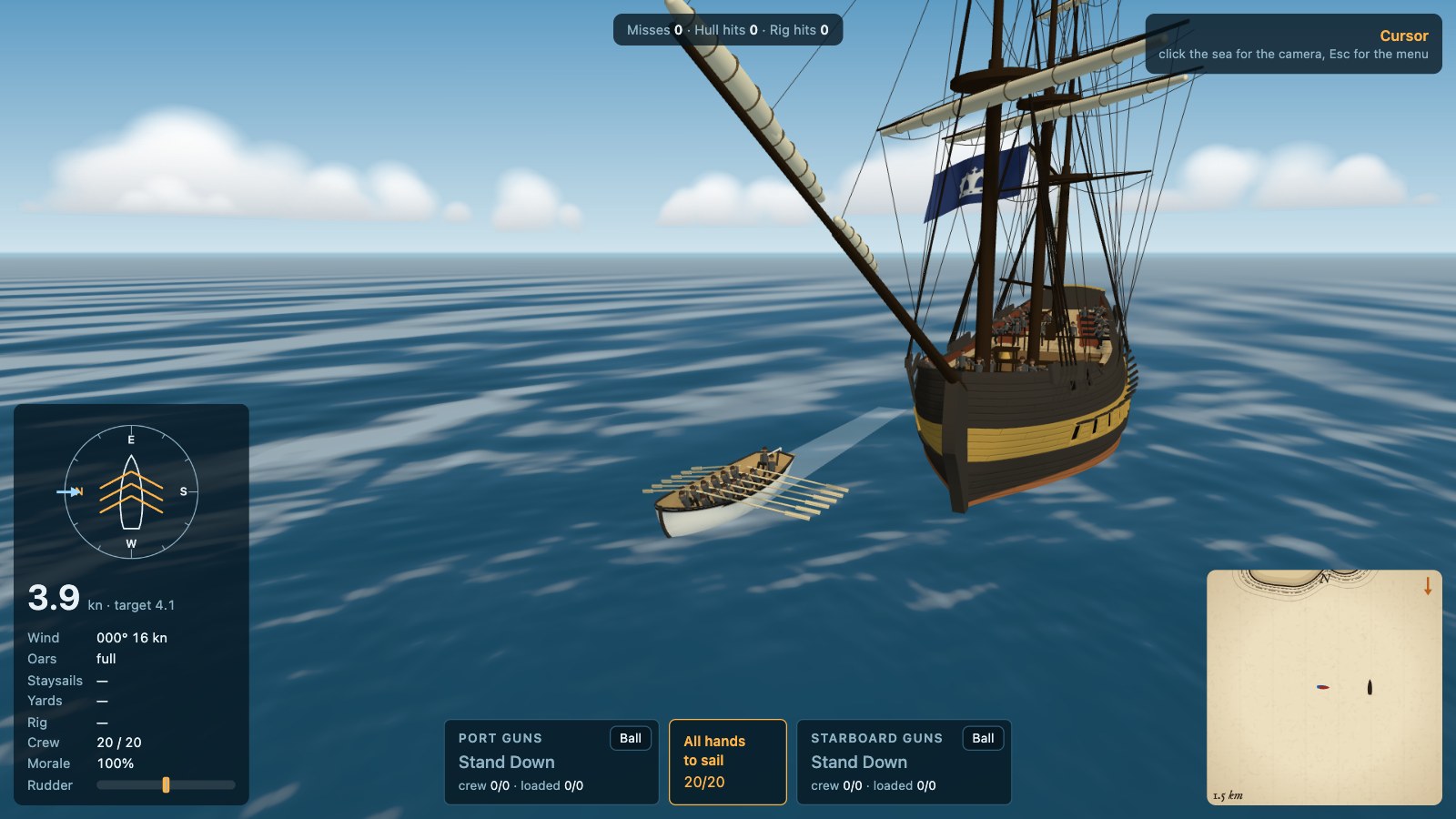 A frigate's launch pulling away from it at full stroke, the compass panel showing Oars full and 3.9 knots