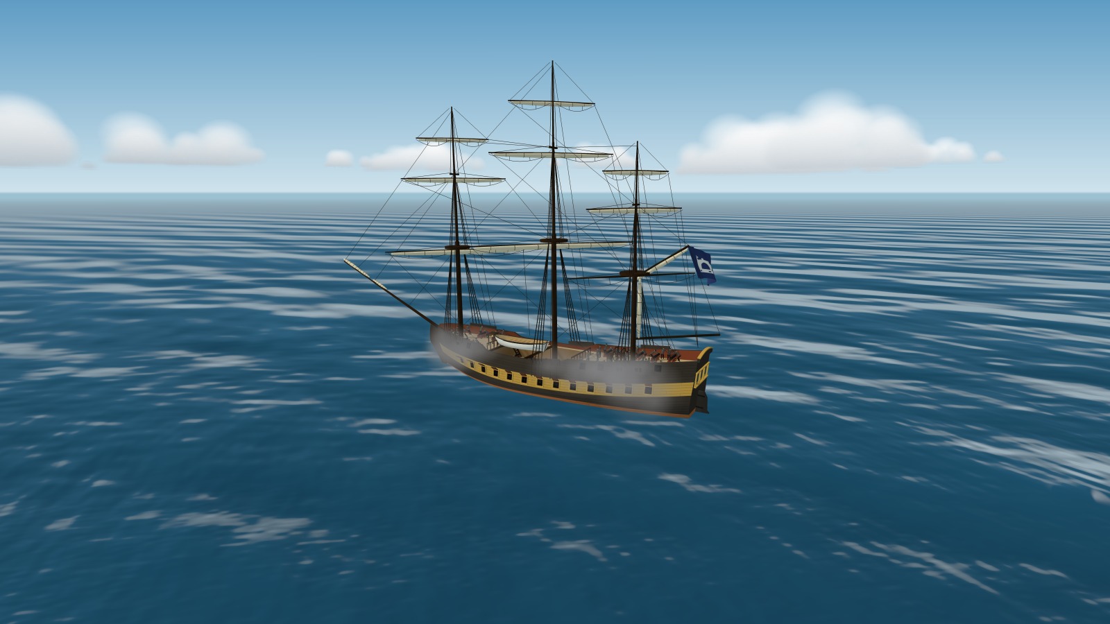 A frigate firing its broadside, gun smoke along its side