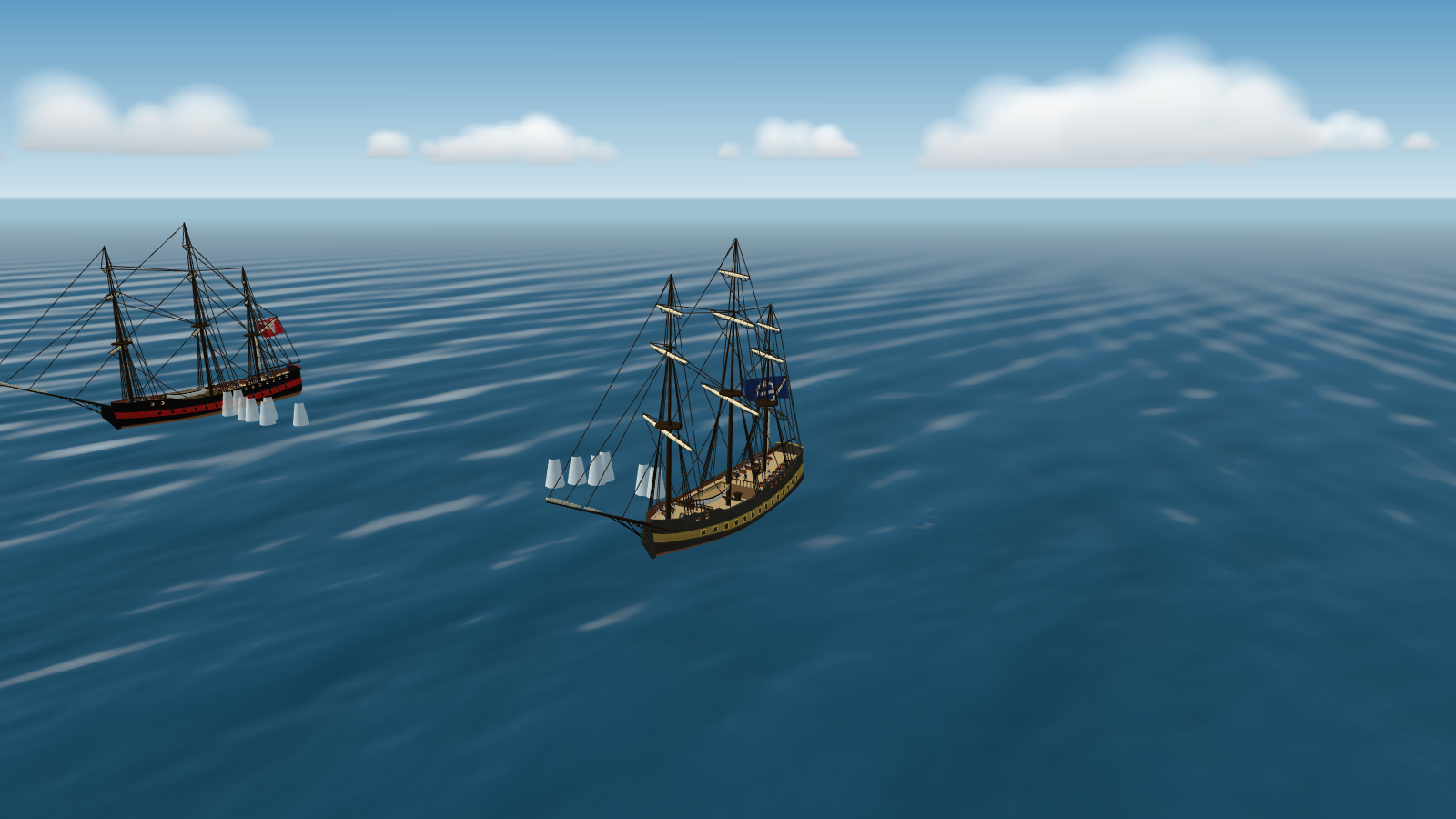 Two frigates lying abreast of each other. Smoke from a broadside drifts downwind and splashes rise from the sea where shot fell short.