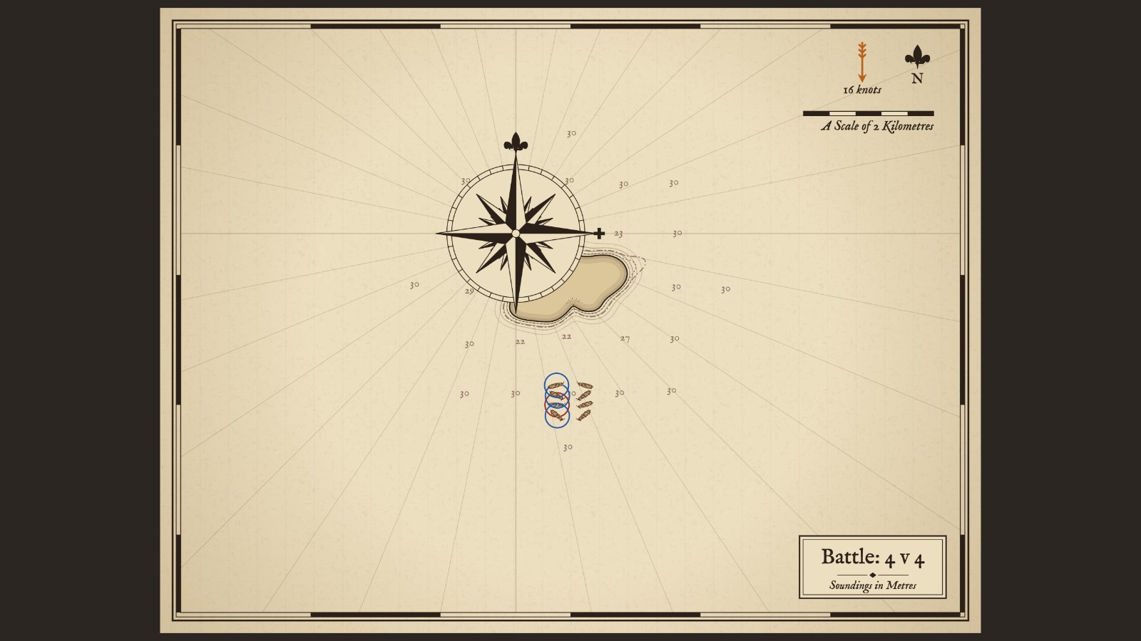 The chart of a four against four battle: the two lines south of an island, with soundings, a compass rose and the wind