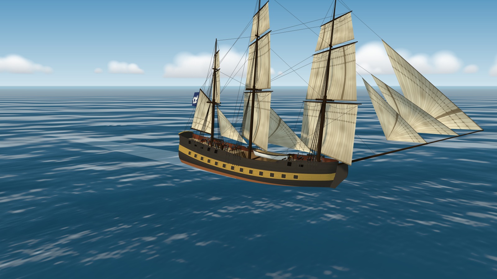 A frigate close-hauled, the wind 60 degrees off its bow, yards braced sharp and staysails set