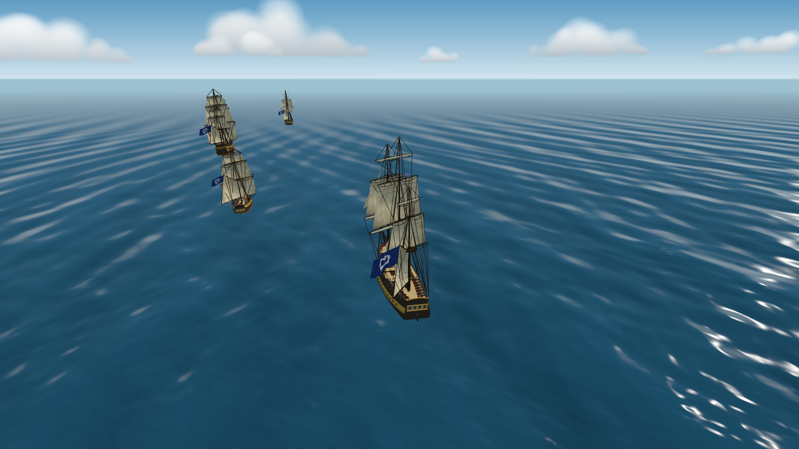 Four ships flying the Crown's ensign in a column, seen from astern of the last; the two nearest are still settling into place.