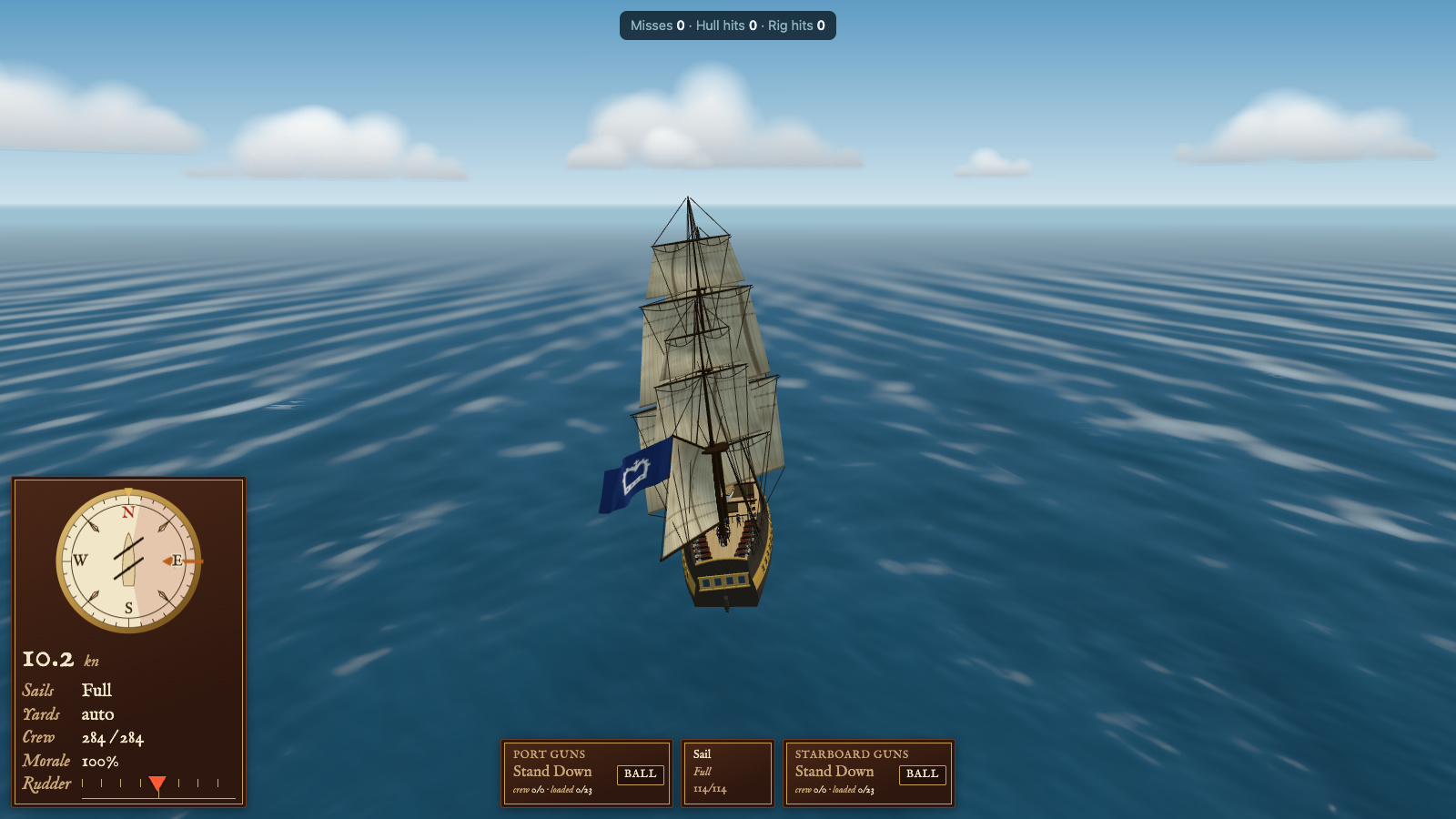 A frigate seen from astern, under sail, with the compass rose at the lower left and the station bar along the bottom of the screen.