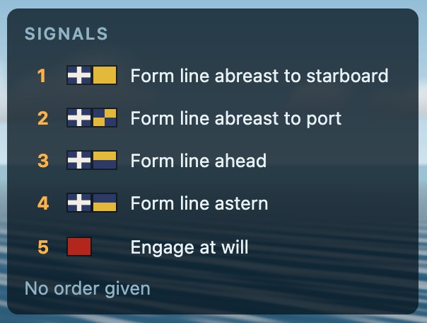The signal list: 1 form line abreast to starboard, 2 to port, 3 form line ahead, 4 form line astern, 5 engage at will, each with its flags