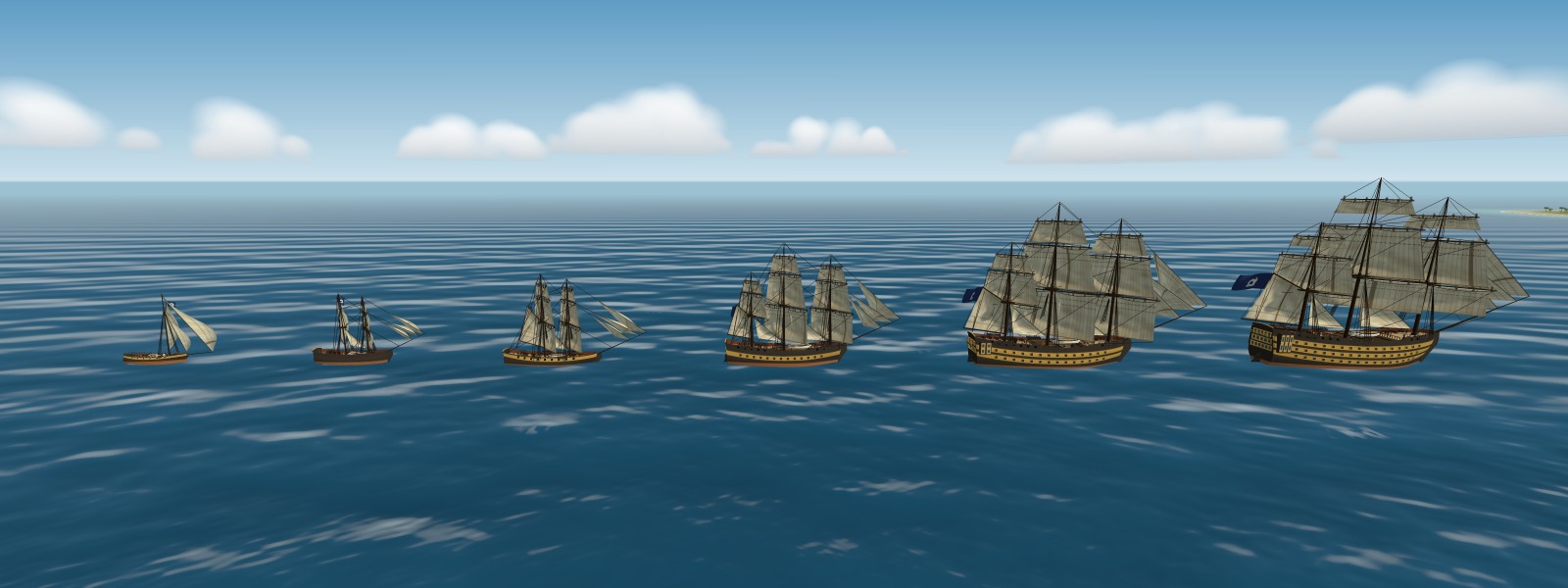 The six hulls under sail in a line, smallest to largest: cutter, brigantine, brig, frigate, seventy-four and First Rate