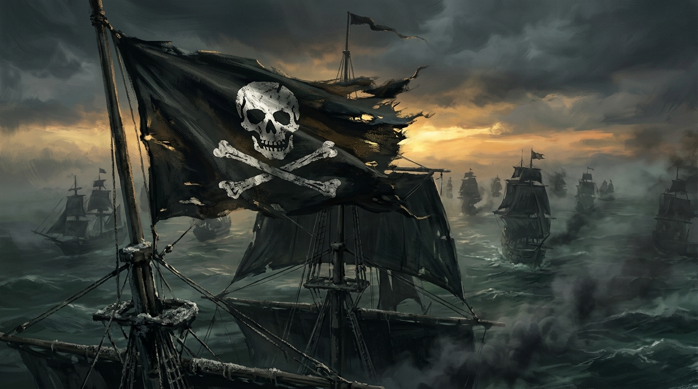 A tattered pirate flag flying over a fleet of black-sailed ships
