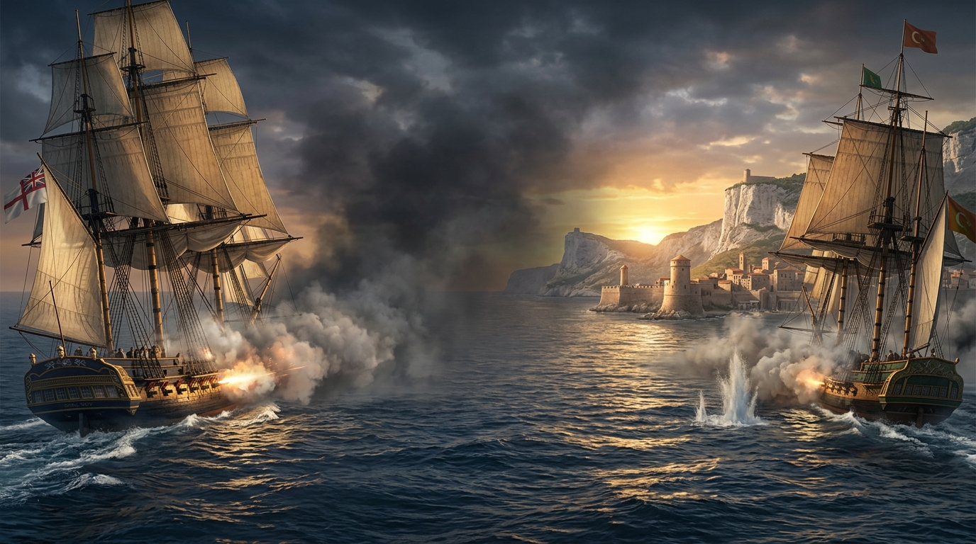 Two square-rigged warships exchanging broadsides off a fortified coast