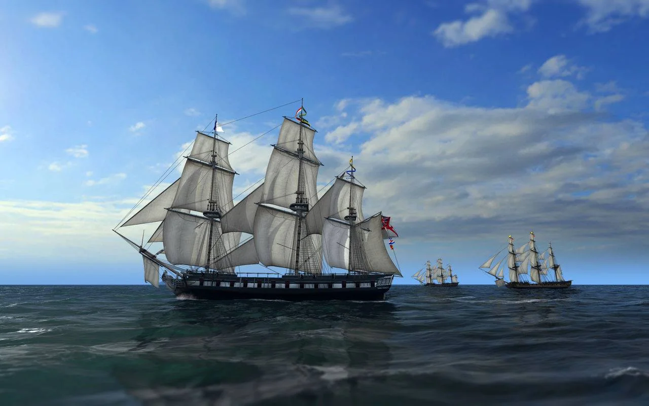 A squadron of Constitution-class frigates under full sail in open water
