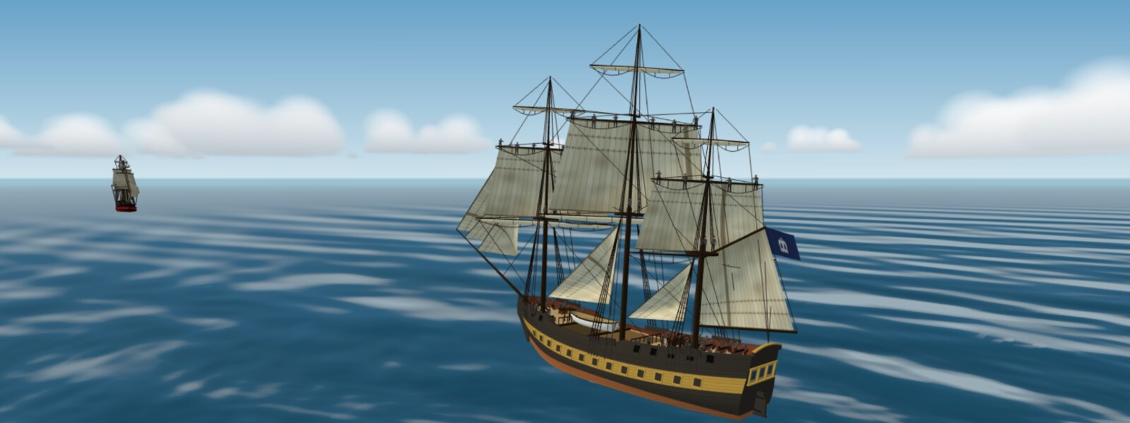 A frigate of the Crown under sail, a Cabal frigate on the horizon